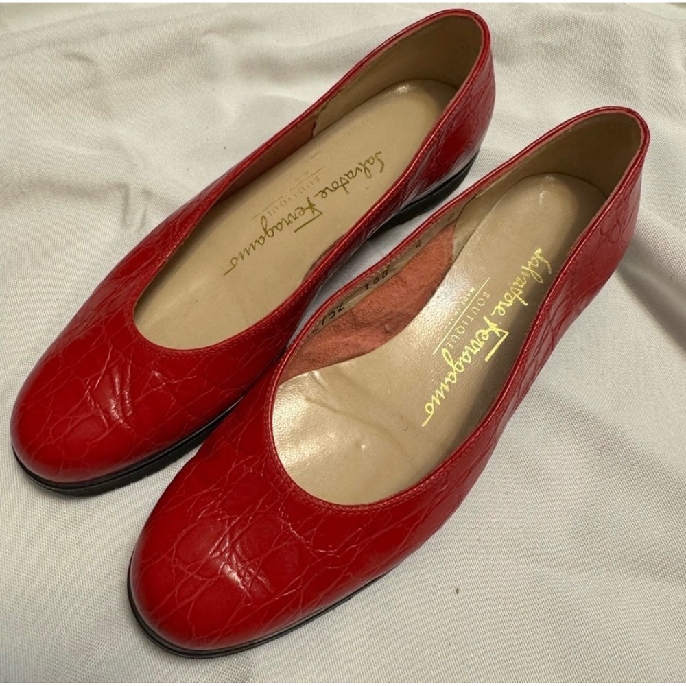 Vintage Salvatore Ferragamo Red Croc Embossed Leather Ballet Flats Size 4B Italy
